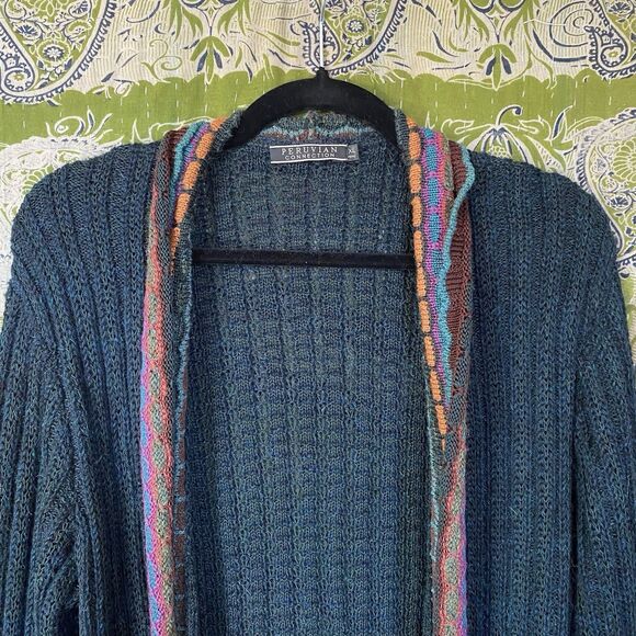 Peruvian Connection Dark Teal Alpaca Blend Long Cardigan Size Extra Large - Picture 2 of 16
